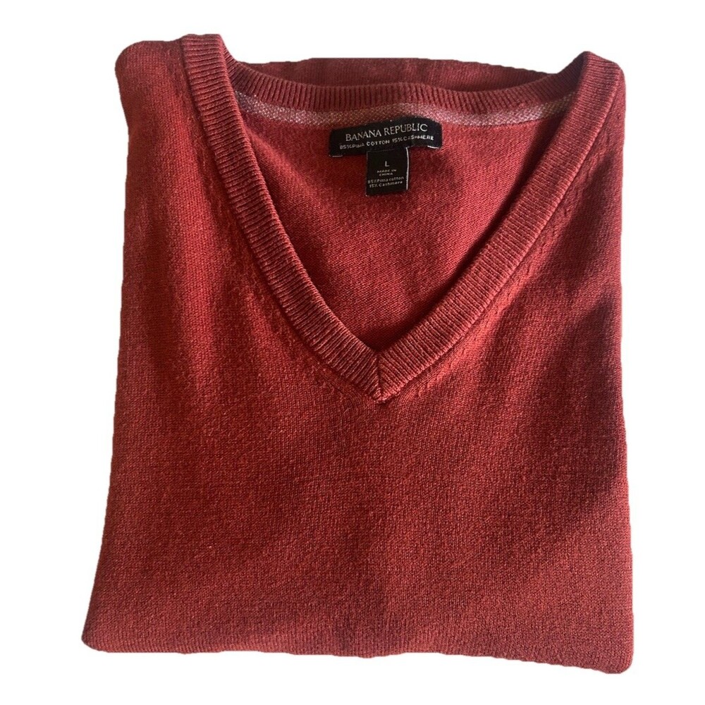 Banana Republic Men's L Pima Cotton Cashmere Brick Red  V Neck Sweater Pullover
